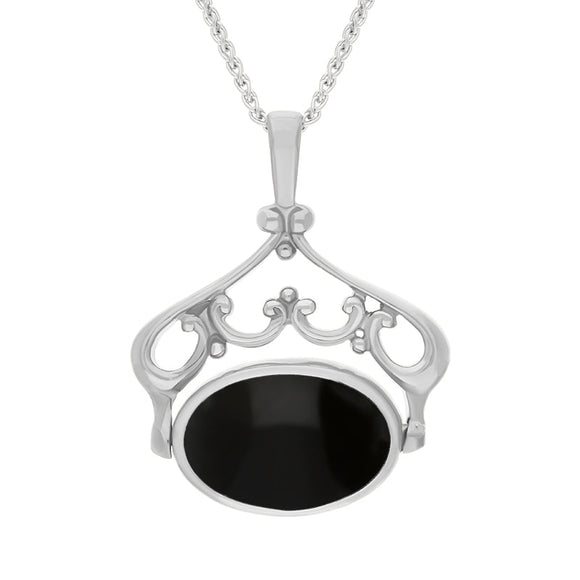 18ct White Gold Blue John Whitby Jet Ornate Double Sided Oval Swivel Fob Necklace, P116_8.