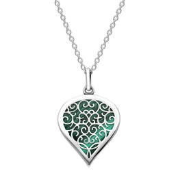 18ct White Gold Malachite Flore Filigree Medium Heart Necklace. P3630.