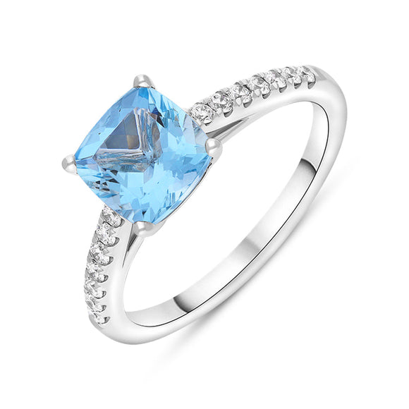 18ct White Gold Santa Maria Aquamarine Diamond Cushion Pave Should Ring TVN-393