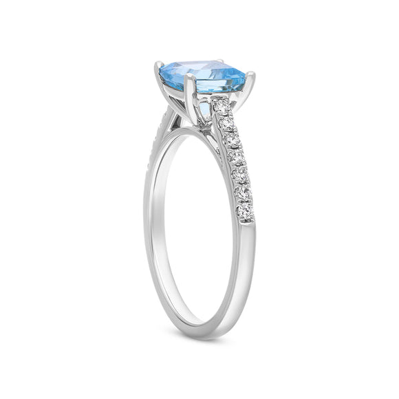 18ct White Gold Santa Maria Aquamarine Diamond Cushion Pave Should Ring