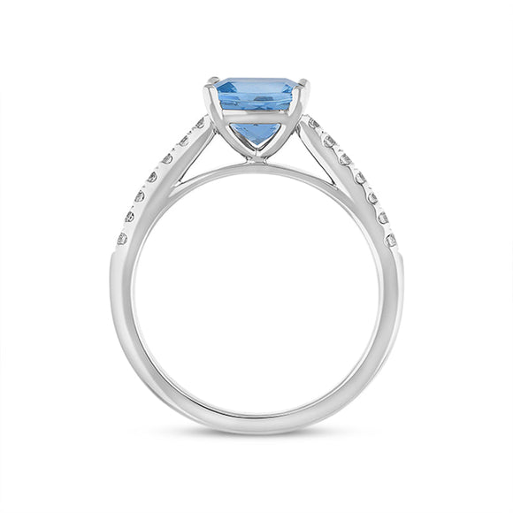 18ct White Gold Santa Maria Aquamarine Diamond Cushion Pave Should Ring