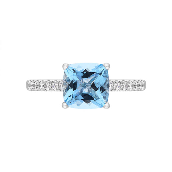 18ct White Gold Santa Maria Aquamarine Diamond Cushion Pave Should Ring