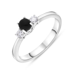 18ct White Gold Whitby Jet 0.17ct Diamond Trilogy Ring, R1149.