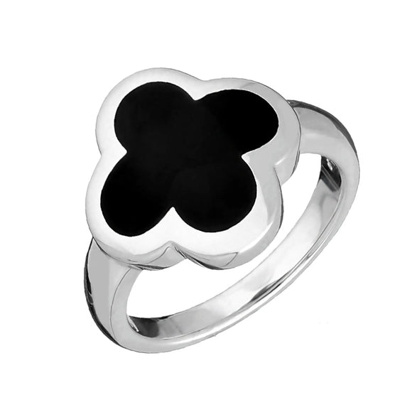 Sterling Silver Whitby Jet Bloom Four Leaf Clover Ring