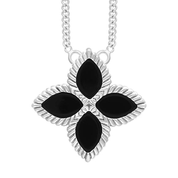 9ct White Gold Whitby Jet Eden Large Marquise Flower Necklace