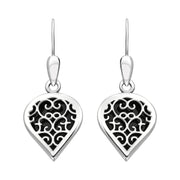 18ct White Gold Whitby Jet Flore Filigree Heart Drop Earrings. E2588.