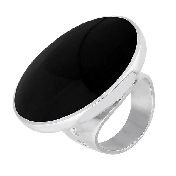 18ct White Gold Whitby Jet Hallmark Large Round Ring, R611_FH.