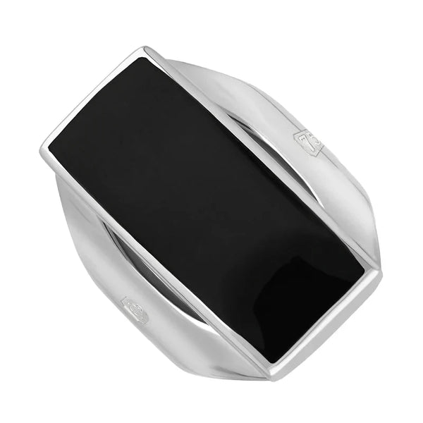 18ct White Gold Whitby Jet Hallmark Medium Oblong Ring, R065_FH