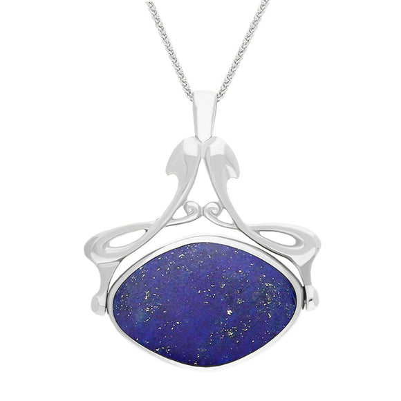 18ct White Gold Whitby Jet Lapis Lazuli Bell Diamond Swivel Fob Necklace, P113_10.