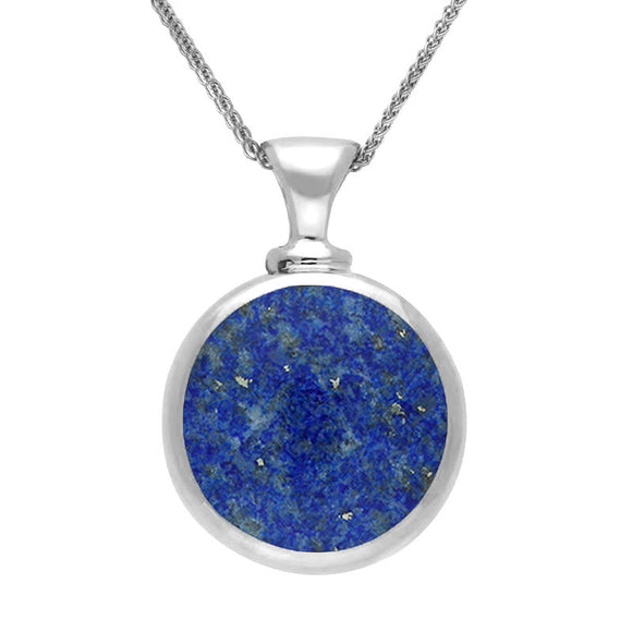 18ct White Gold Whitby Jet Lapis Lazuli Double Sided Round Dinky Fob Necklace, P218.