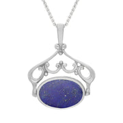18ct White Gold Whitby Jet Lapis Lazuli Ornate Double Sided Oval Swivel Fob Necklace, P116_8.