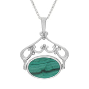 18ct White Gold Whitby Jet Malachite Ornate Double Sided Oval Swivel Fob Necklace, P116_8.