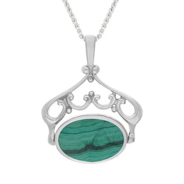 18ct White Gold Whitby Jet Malachite Ornate Double Sided Oval Swivel Fob Necklace, P116_8.