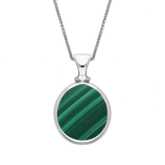 18ct White Gold Whitby Jet Malachite Small Double Sided Pear Fob Necklace, P220.