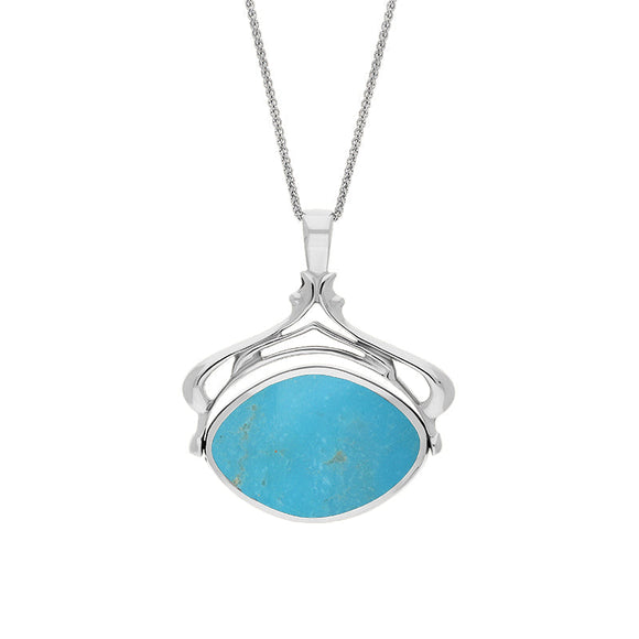 18ct White Gold Whitby Jet Turquoise Marquise Swivel Fob Necklace, P115_10.