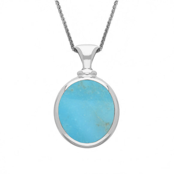 18ct White Gold Whitby Jet Turquoise Small Double Sided Oval Fob Necklace, P219.