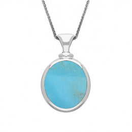 18ct White Gold Whitby Jet Turquoise Small Double Sided Oval Fob Necklace, P219.