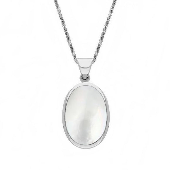 18ct White Gold Whitby Jet White Mother Of Pearl Small Double Sided Fob Necklace, P832.