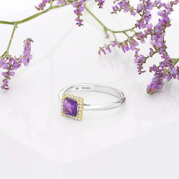 18ct White Yellow Gold Amethyst Diamond Square Cluster Ring