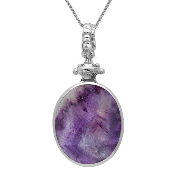 18ct White Gold Blue John White Mother Of Pearl Double Sided Oval Fob Necklace, P100.