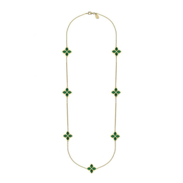 9ct Yellow Gold Malachite Bloom Long Flower Ball Edge Necklace, N1157