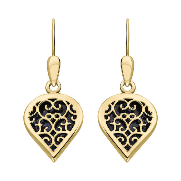 18ct Yellow Gold Blue Goldstone Flore Filigree Heart Drop Earrings. E2588.