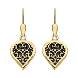 18ct Yellow Gold Blue Goldstone Flore Filigree Heart Drop Earrings. E2588.
