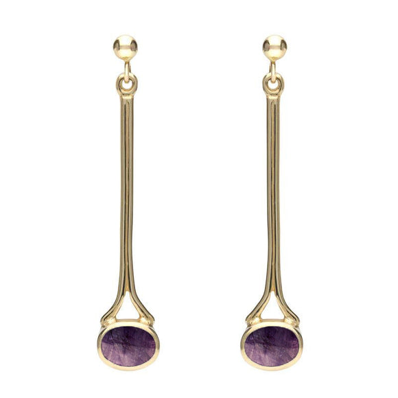 18ct Yellow Gold Blue John Long Drop Earrings. E094.