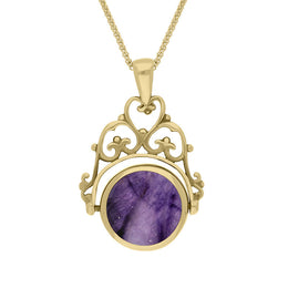 18ct Yellow Gold Blue John Mother Of Pearl Double Sided Round Swivel Fob Necklace, P110_2_2.