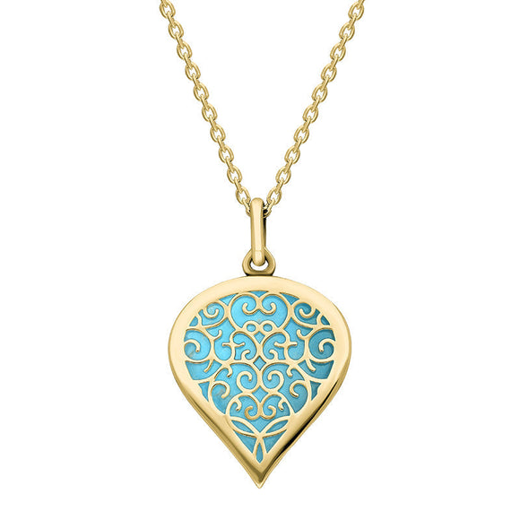 18ct Yellow Gold Turquoise Flore Filigree Medium Heart Necklace. P3630.