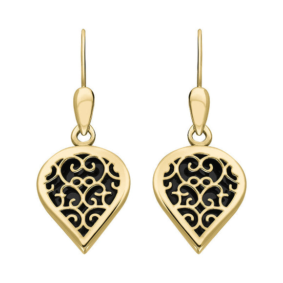 18ct Yellow Gold Whitby Jet Flore Filigree Heart Drop Earrings. E2588.