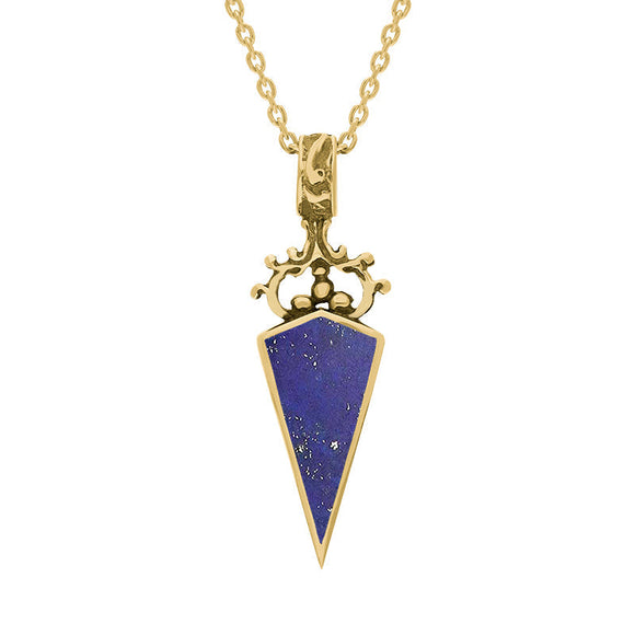 18ct Yellow Gold Whitby Jet Lapis Lazuli Double Sided Scroll Top Dagger Fob Necklace, P423.