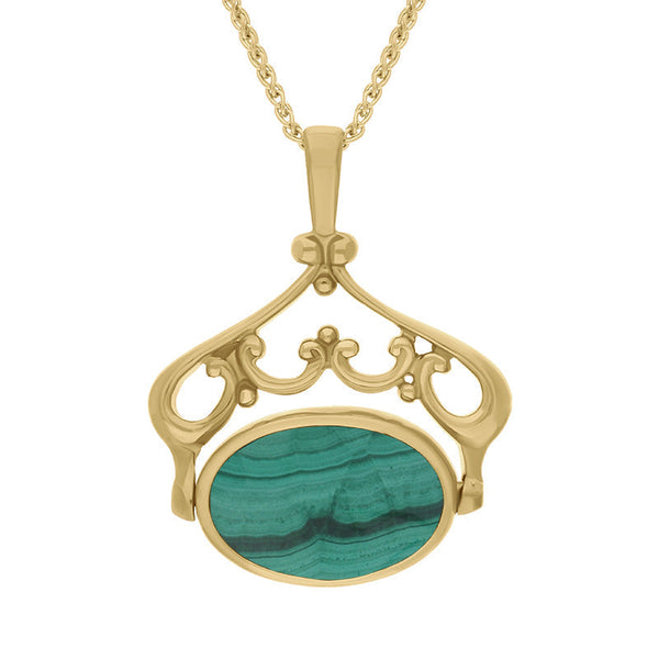 18ct Yellow Gold Whitby Jet Malachite Ornate Double Sided Oval Swivel Fob Necklace, P116_8.