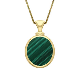 18ct Yellow Gold Whitby Jet Malachite Small Double Sided Oval Fob Necklace, P219.