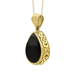 18ct Yellow Gold Whitby Jet Turquoise Double Sided Celtic Pear Cut Fob Necklace