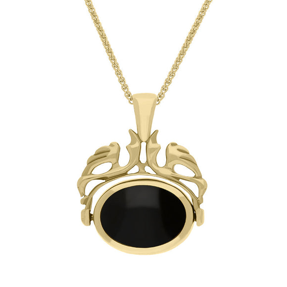 18ct Yellow Gold Whitby Jet Turquoise Double Sided Oval Swivel Fob Necklace, P104_4_2.