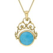 18ct Yellow Gold Whitby Jet Turquoise Double Sided Round Swivel Fob Necklace, P110_2.