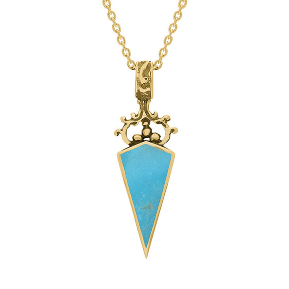 18ct Yellow Gold Whitby Jet Turquoise Double Sided Scroll Top Dagger Fob Necklace, P423.