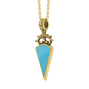 18ct Yellow Gold Whitby Jet Turquoise Double Sided Scroll Top Dagger Fob Necklace, P423_3.