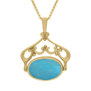18ct Yellow Gold Whitby Jet Turquoise Ornate Double Sided Oval Swivel Fob Necklace, P116_8.