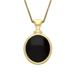 18ct Yellow Gold Whitby Jet Turquoise Small Double Sided Oval Fob Necklace, P219_2.