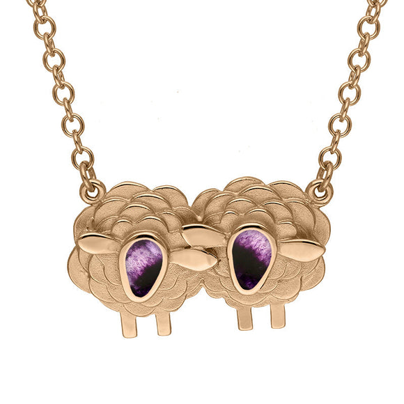 18ct Rose Gold Blue John Two Large Sheep Necklace, N1140.