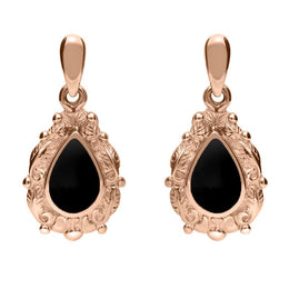 18ct Rose Gold Whitby Jet Pear Shaped Leaf Drop Earrings, E083.