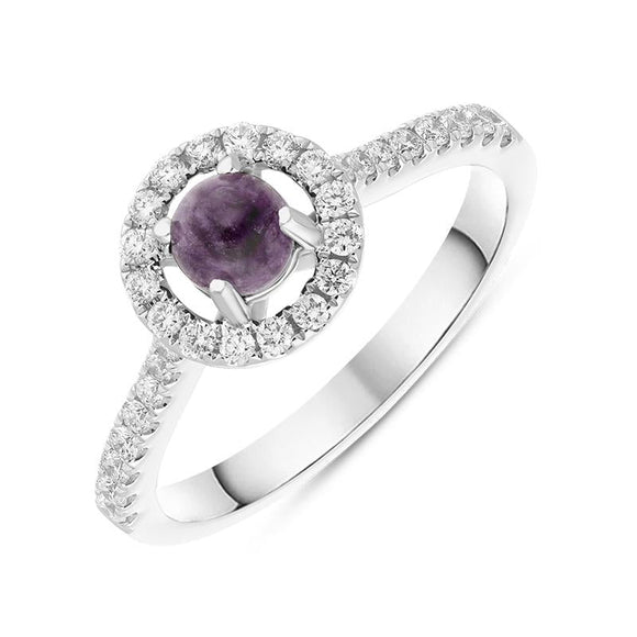 18ct White Gold Blue John 0.33ct Diamond Round Halo Ring R898