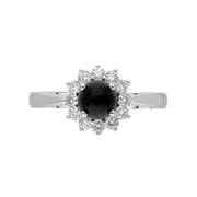18ct White Gold Whitby Jet 0.40ct Diamond Round Flower Ring. R1027.