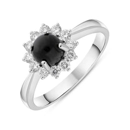 18ct White Gold Whitby Jet 0.40ct Diamond Round Flower Ring. R1027.