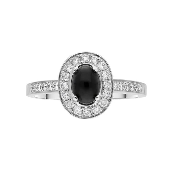 18ct White Gold Whitby Jet 0.54ct Diamond Oval Shoulder Ring. R1014.