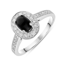 18ct White Gold Whitby Jet 0.54ct Diamond Oval Shoulder Ring. R1014.