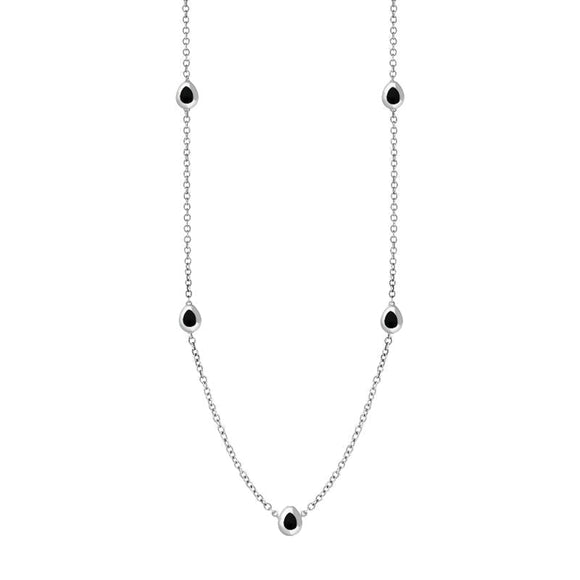 9ct White Gold Whitby Jet Fleur De Lis Link Disc Chain Necklace, N747.