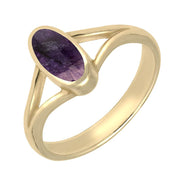 18ct Yellow Gold Blue John Oval Split Shoulder Ring. R114.